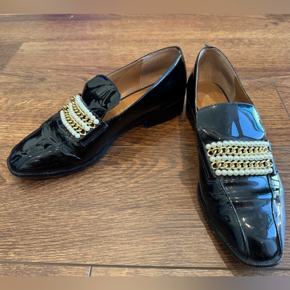 Bettye Muller Black Patent Flats with Pearl and Gold Chain